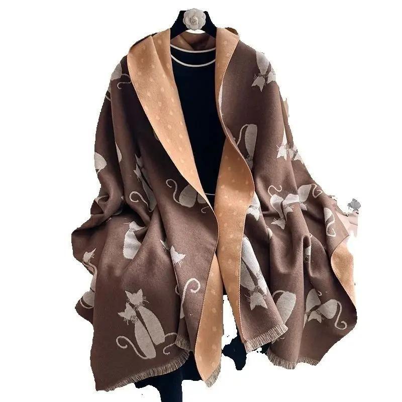 Cachecol Feminino Quente Com Estampa De Gato Em Cashmere Sintético